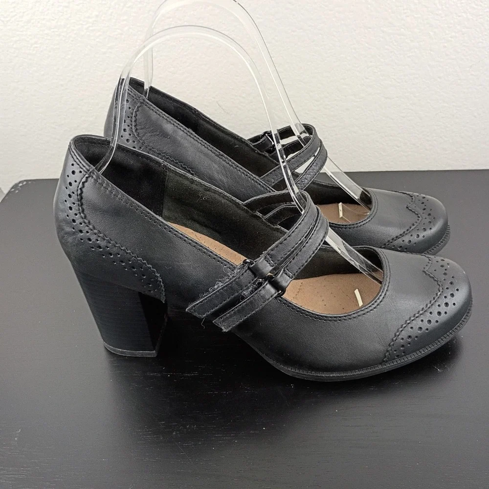 Clarks Collection Black Leather Wingtip Mary Jane Block Heel Pumps Womens 8 M